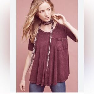 Anthropologie Eri + Ali Swing Acid Wash Scoop Neck S/S T-Shirt Wine Burgundy S